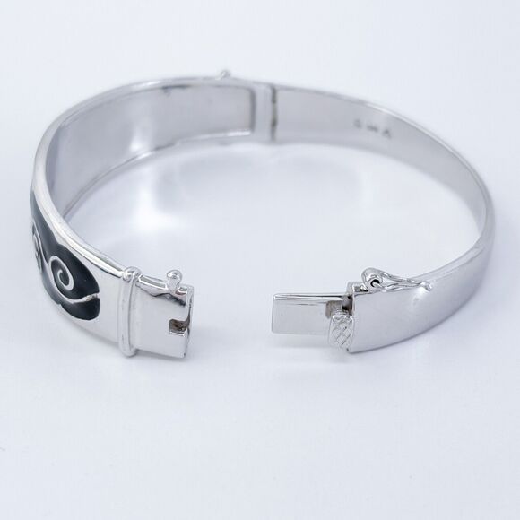 Vintage Sterling Silver 925 Black Enamel Hinged Bangle Bracelet 6.5" - Picture 7 of 9